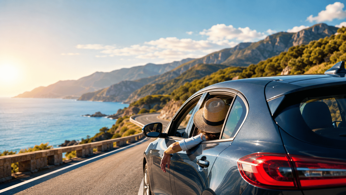 Hire car driving along a scenic coastal road with sea views and mountains