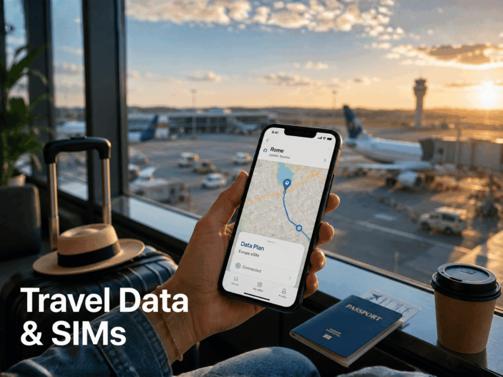 Traveller using mobile data and maps at an airport before a trip