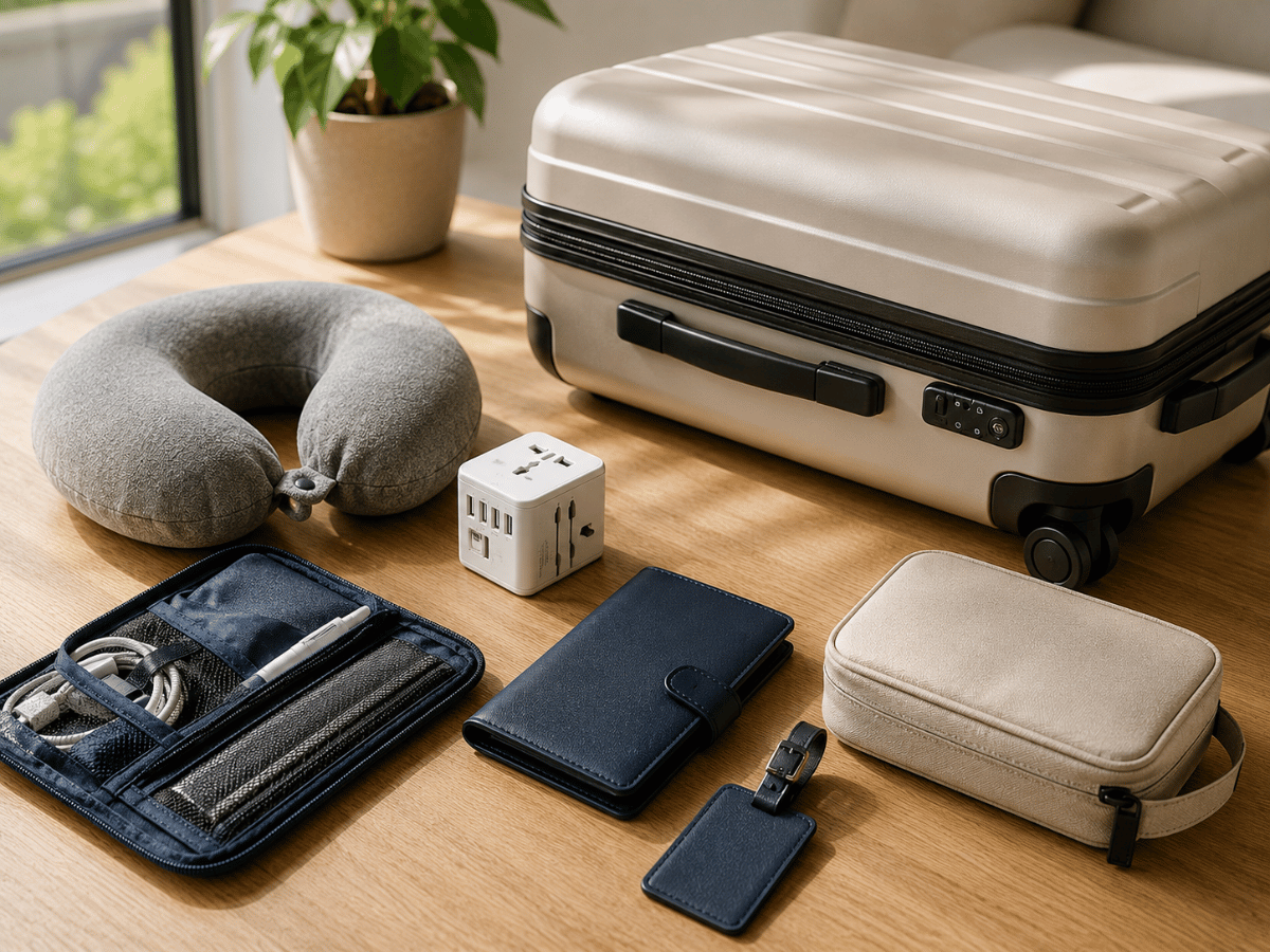 Suitcase and travel accessories arranged for a holiday