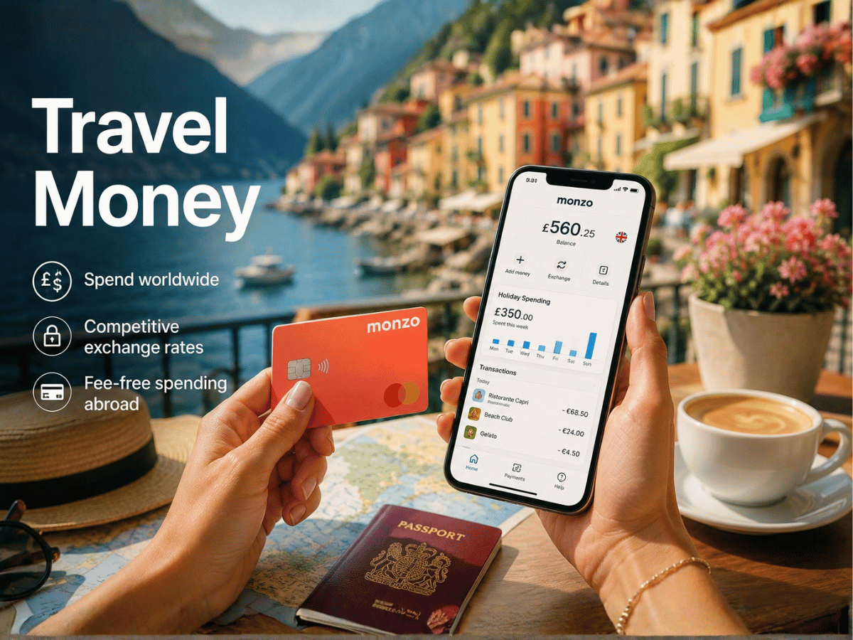 Traveller using a travel bank card and mobile banking app abroad