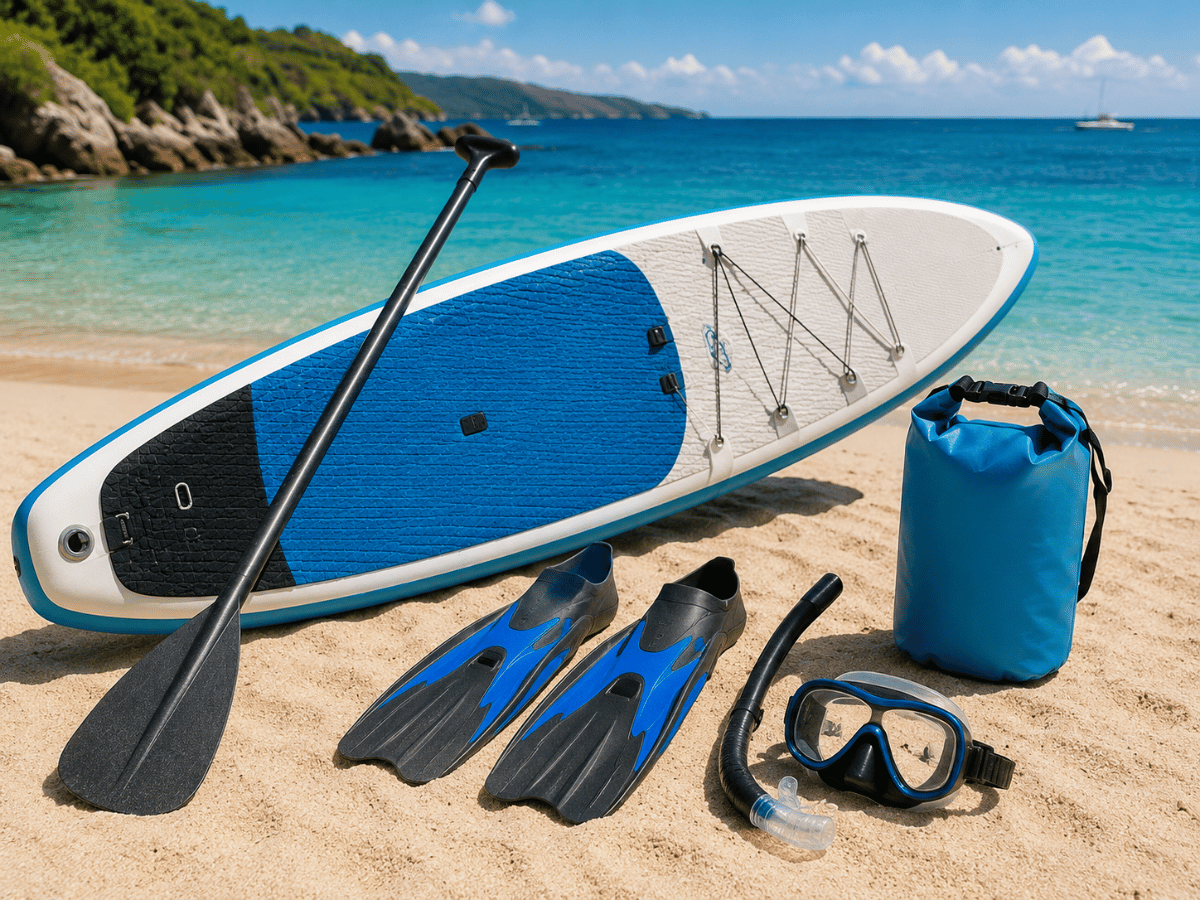 Paddleboard, snorkel gear and beach equipment on a tropical beach