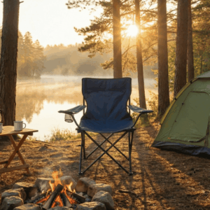Navy foldable camping chair with a steel frame and woven seat.