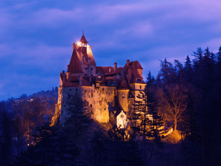 Bran Castle illuminated at dusk with surrounding woodland