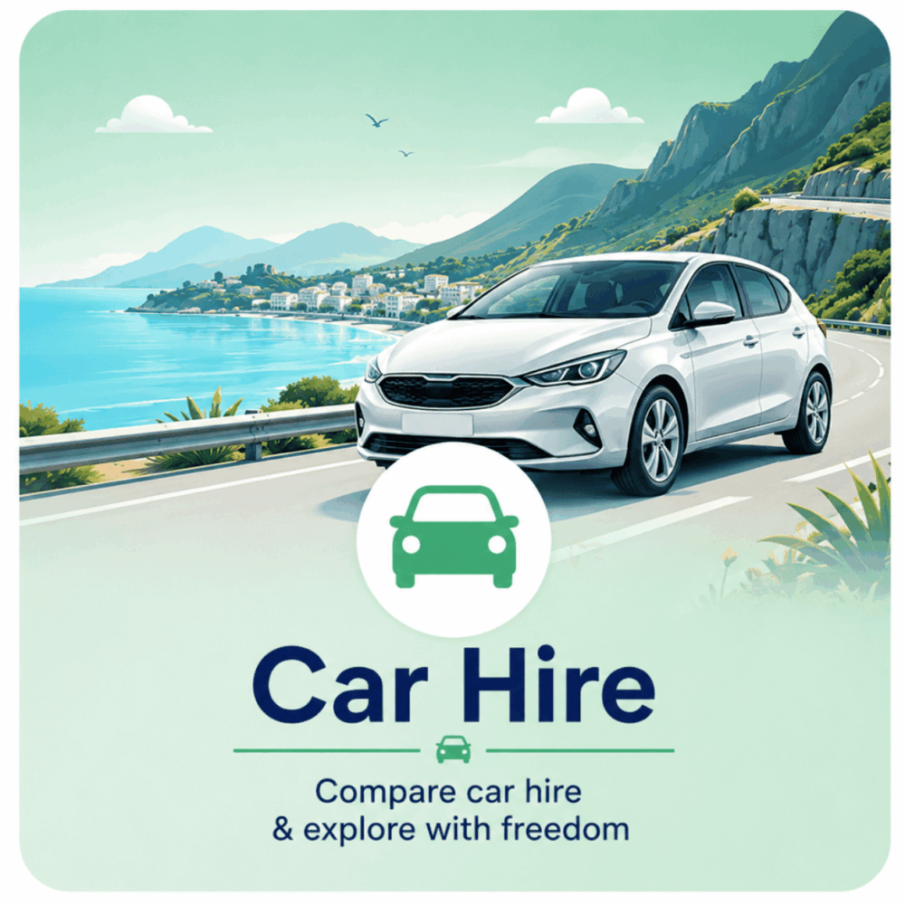 Modern illustration of a rental car driving along a scenic coastal road promoting car hire comparison.