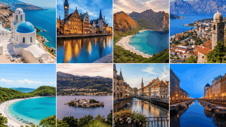Collage featuring European cities, tropical islands, dramatic mountains and coastal destinations.