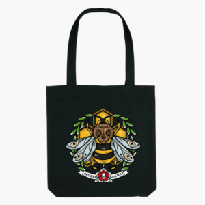 Black Killer Bee Strong-As-Hell tote bag featuring original Broken Society artwork.