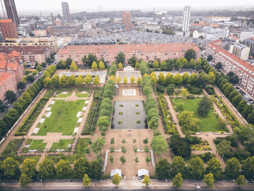 Aerial view of Skydebanehaven park in the Vesterbro neighbourhood of Copenhagen.