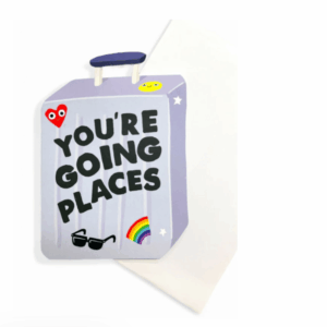 Suitcase-shaped "You're Going Places" greeting card with colourful travel-themed illustrations and matching envelope.
