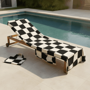 Black and white checkerboard beach towel draped over a wooden sun lounger beside a swimming pool, with matching carry bag.