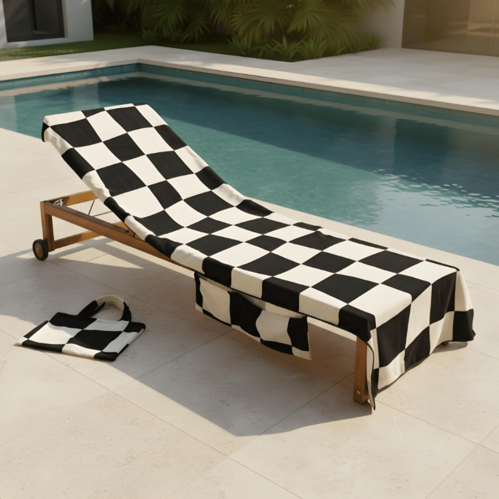 Beach Towel in a Bag 2 Black and white checkerboard beach towel draped over a wooden sun lounger beside a swimming pool, with matching carry bag.