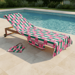 Pink and green sardine stripe beach towel draped over a wooden sun lounger beside a swimming pool, with matching carry bag.