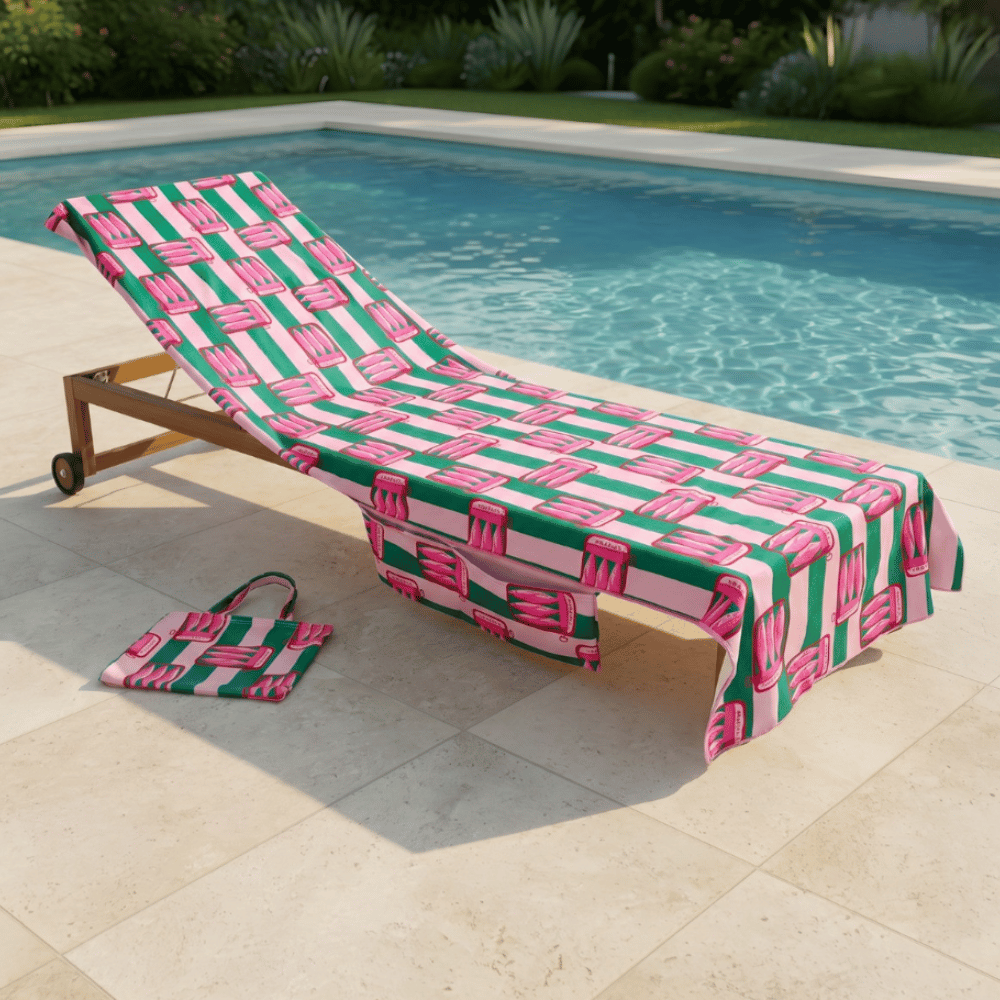 Beach Towel in a Bag 1 Pink and green sardine stripe beach towel draped over a wooden sun lounger beside a swimming pool, with matching carry bag.