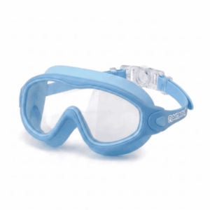 Blue FloatBuds FloatGuard Goggles with clear lenses and transparent snap-back fastening on a white background.