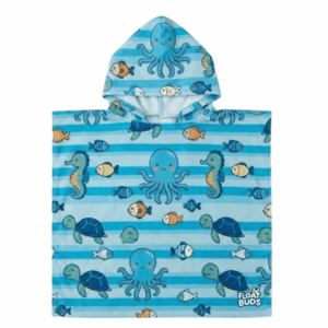 Blue striped FloatBuds hooded poncho towel decorated with octopuses, turtles, seahorses and fish.