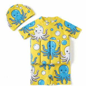 Yellow FloatBuds™ Floatsuit with blue and white octopus print and matching swim hat.