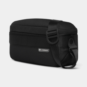 Black Gomatic camera shoulder bag with adjustable strap, zip closure and padded structured design.