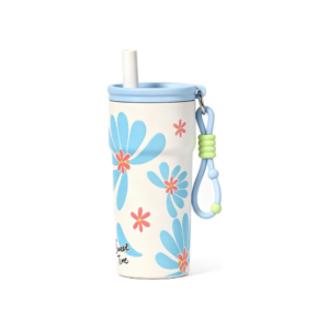 Blue and cream floral tumbler with white straw, blue lid and blue hanging strap.