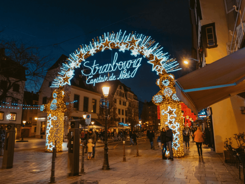Christmas Markets 1 Illuminated Christmas arch welcoming visitors to Strasbourg during the festive season