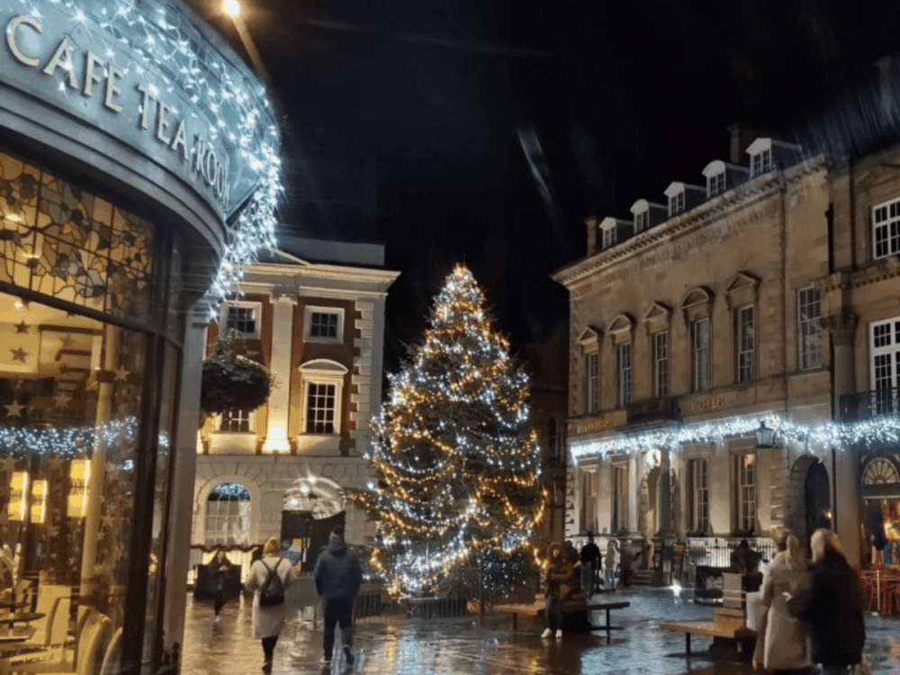 Christmas Markets 2 Christmas lights and a decorated tree in York city centre at night