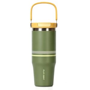 Green travel tumbler with yellow lid, upright handle and striped band