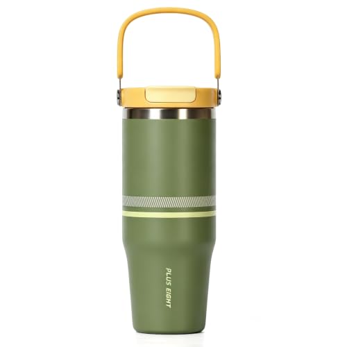 Green travel tumbler with yellow lid, upright handle and striped band