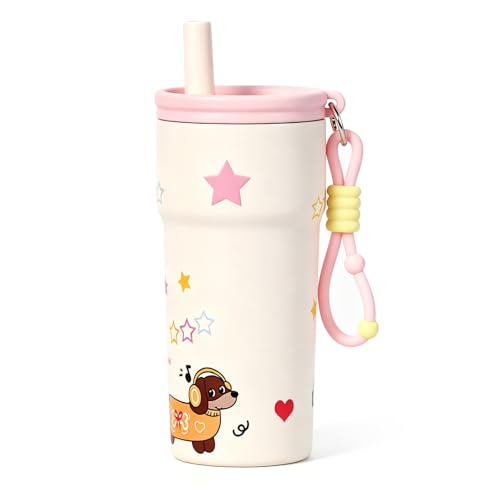 Cream travel tumbler with pink lid, straw, star details and cartoon dog