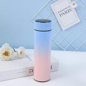 Blue-to-pink gradient travel mug with black temperature display lid