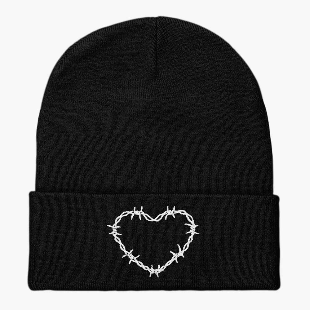 Black cuffed beanie with a white embroidered barbed-wire heart on the front.