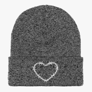 Barbed Wire Heart Embroidered Beanie – Grey