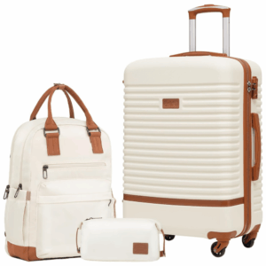 White and brown COOLIFE 3-piece luggage set with 24-inch hardshell spinner suitcase, travel backpack and matching toiletry bag.