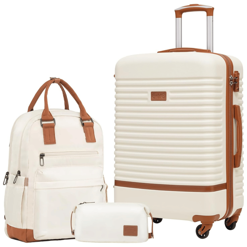 White and brown COOLIFE 3-piece luggage set with 24-inch hardshell spinner suitcase, travel backpack and matching toiletry bag.