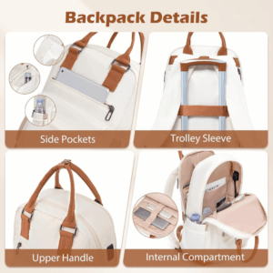 White and brown COOLIFE travel backpack showing side pockets, trolley sleeve, upper handles and internal compartments.