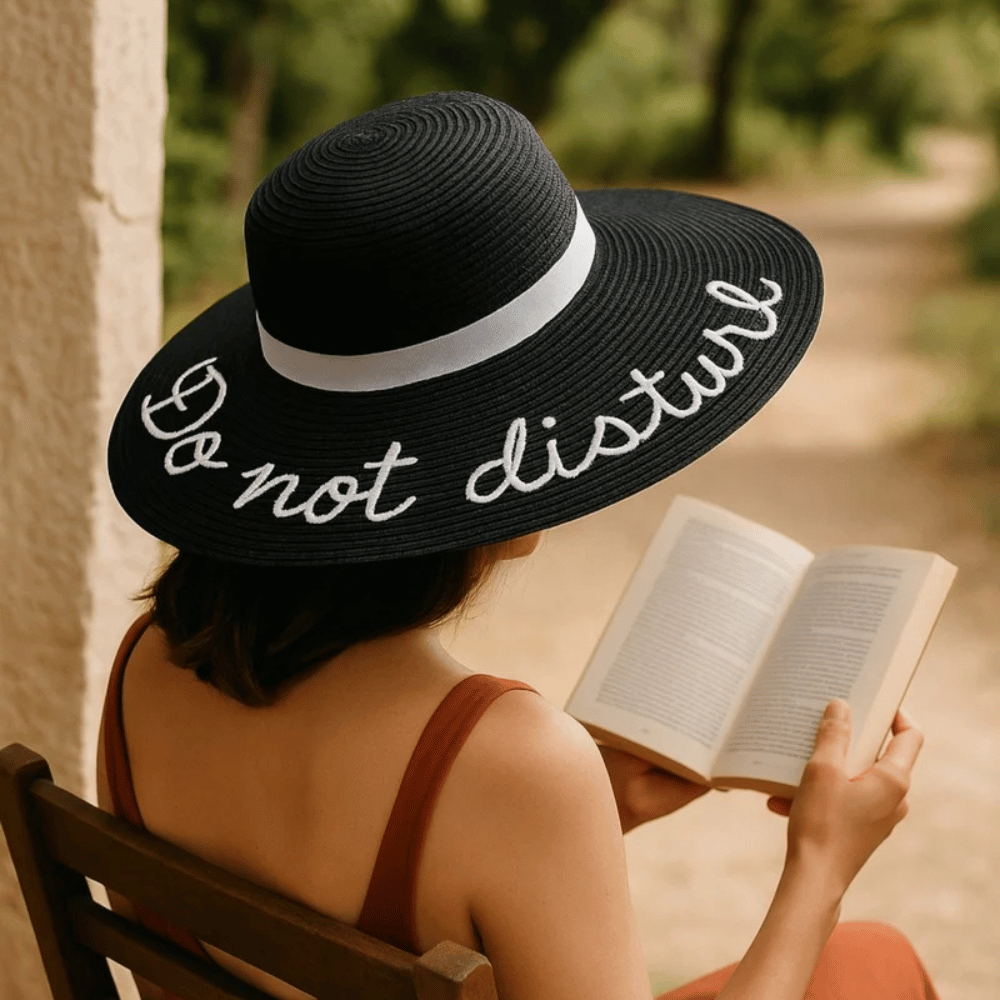 Black wide-brim hat with white “Do Not Disturb” embroidery.