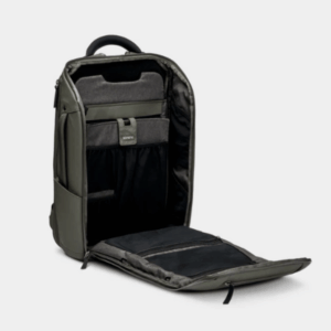 Olive Nomatic Backpack opened flat, showing interior compartments, pockets and the lining of the front panel.