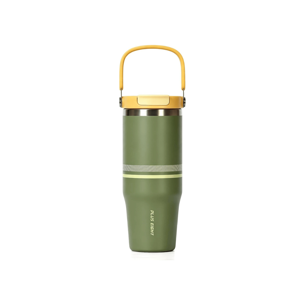 Green Plus Eight travel cup with yellow lid and carry handle.