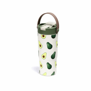 White travel tumbler with avocado print, green lid and brown carry handle