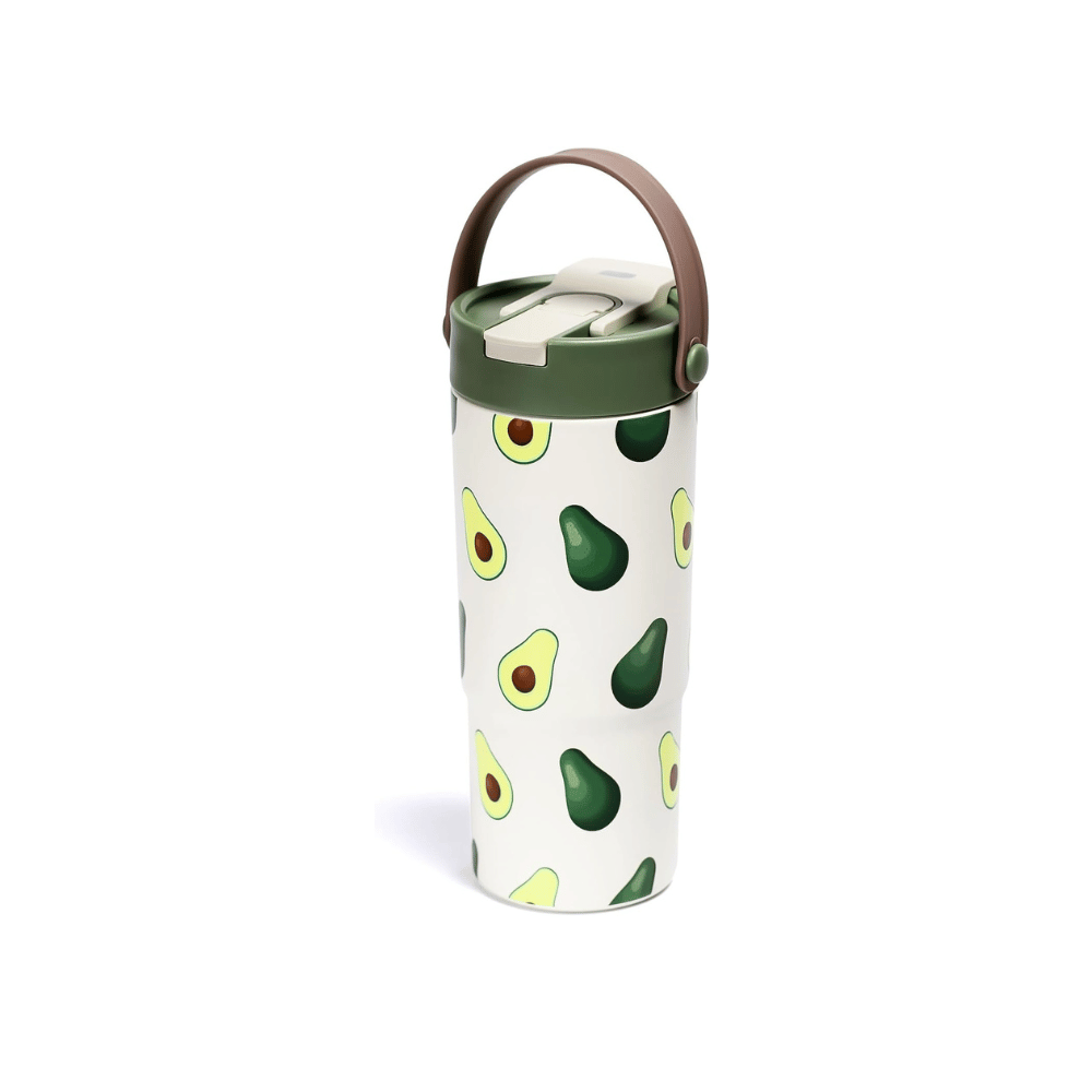 White travel tumbler with avocado print, green lid and brown carry handle