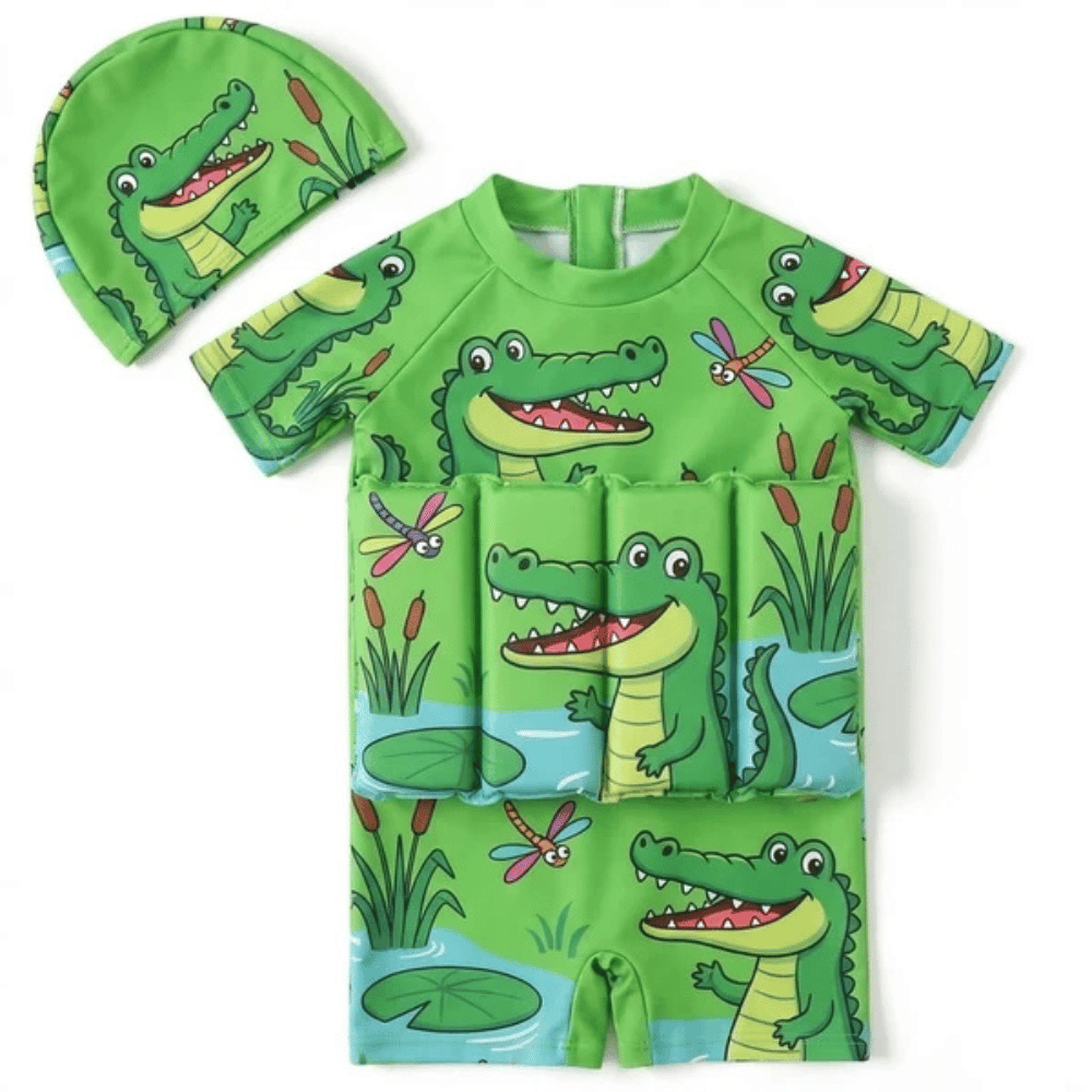 Green crocodile short-sleeved FloatBuds floatsuit with integrated floats and matching swim hat