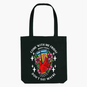 Black tote bag with two handles, a white illustration of a hooded skeletal figure holding a scythe, and Come With Me Friday lettering. Come With Me Friday Tote Bag
