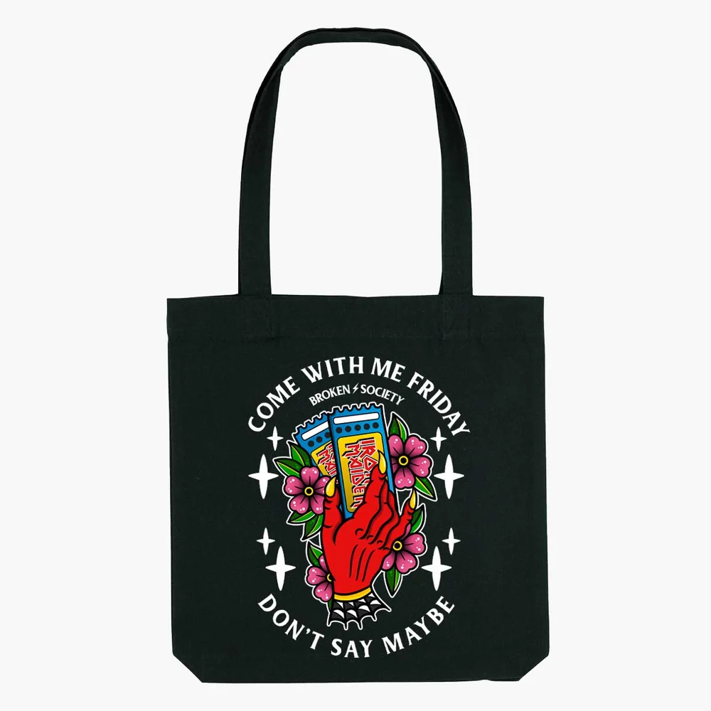 Black tote bag with two handles, a white illustration of a hooded skeletal figure holding a scythe, and Come With Me Friday lettering. Come With Me Friday Tote Bag