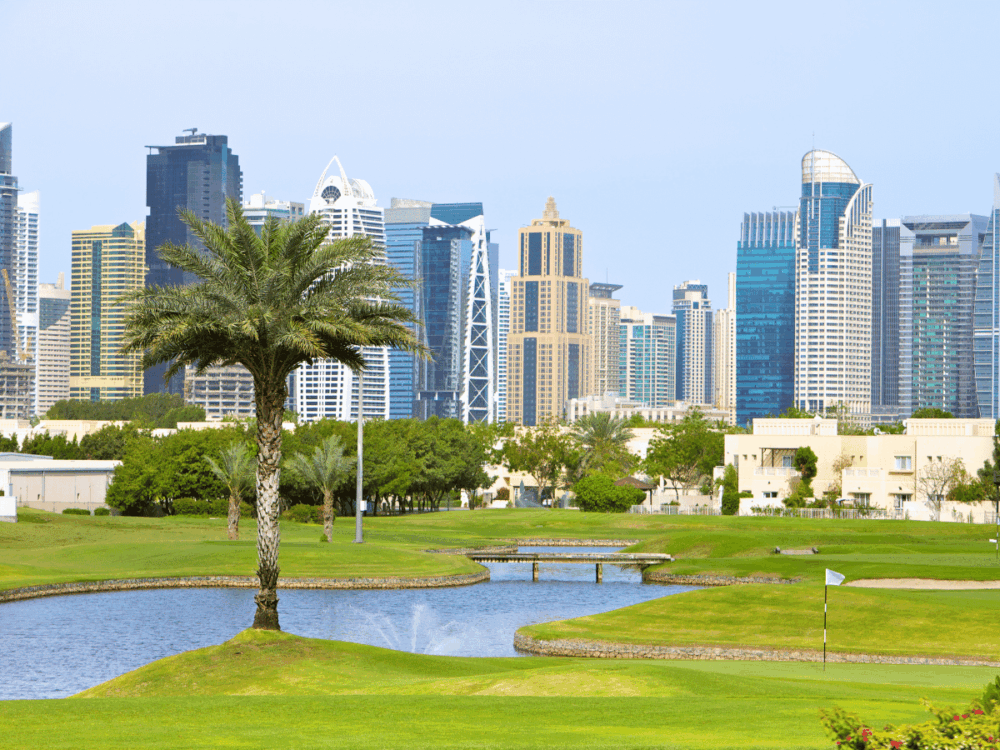 Golf green beside a lake and palm tree, with Dubai’s high-rise skyline behind.