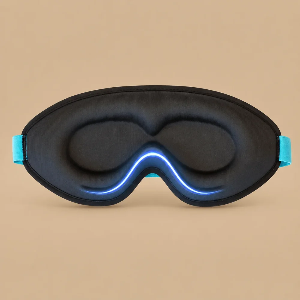 Black contoured sleep mask shown from the inside, with raised eye areas, turquoise strap ends and a blue curved line near the nose.