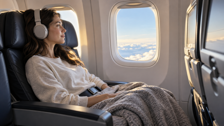 Traveller wearing headphones and relaxing beneath a blanket during a flight
